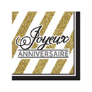 16 Serviettes en papier Joyeux Anniversaire noir et or 33 cm