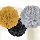 3 Pompons en papier à suspendre or, noir et argent