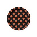 8 Petites Assiettes noires à pois orange en carton 17 cm