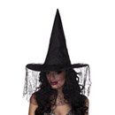 Chapeau sorcière noir avec voile araignée femme Halloween