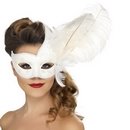 Loup vénitien blanc avec plumes blanches adulte