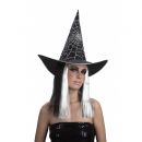 Chapeau avec perruque sorcière noire et blanche femme Halloween
